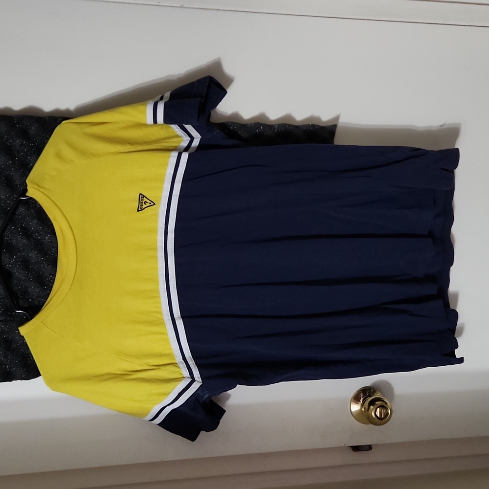Guess Embroidered Small Logo Stripe Crewneck T Shirt Navy Blue And Yellow